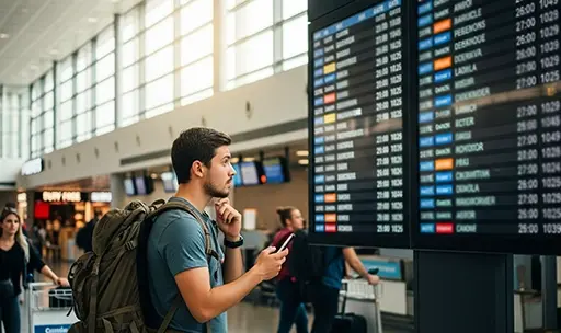 Traveler with a backpack looking at an airport departures board, searching for affordable flights